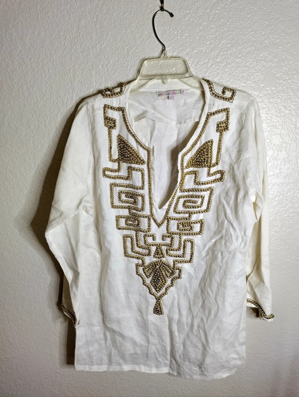 Barbara Gerwit White Gold Embroidered BOHO Linen Tunic Top Blouse L